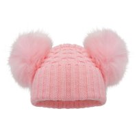 H674-BP: Baby Pink Checked Hat w/Pom Poms (2-5 Years)